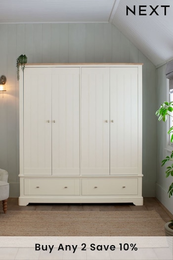 Chalk White Hampton Painted Oak 4 door, 2 drawers Wardrobe (416821) | £1,799
