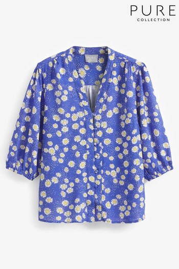 Pure Collection Blue Printed 3/4 Sleeve V-Neck Blouse (416999) | £95