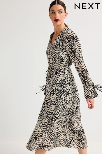 Monochrome Abstract Print Tie Sleeve Belted Midi Dress (417006) | £45
