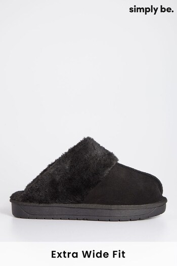 Simply Be Black Suede Slippers in Extra Wide Fit (417298) | £25