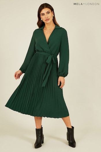 Mela Green Long Sleeve Wrap Pleated Midi Dress (418184) | £40