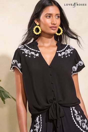 Short Pyjama Sets Black Embroidered Embroidered Short Sleeve Tie Detail Shell Top (418468) | £34