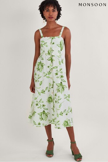 Monsoon Natural Kai Floral Print Dress in Linen Blend (418945) | £80