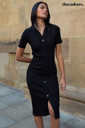Threadbare Black Ribbed Mock Button Down Dress (419073) | £26
