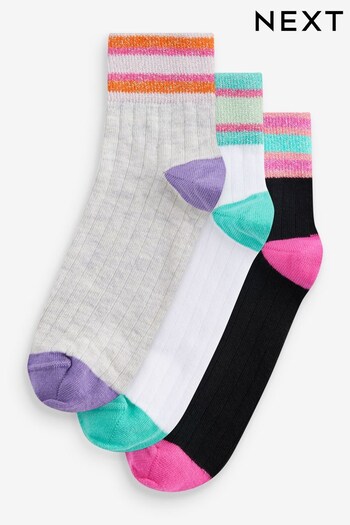 Black/Grey/White With Sparkle Stripe Ribbed Ankle Socks 3 Pack (419196) | £9