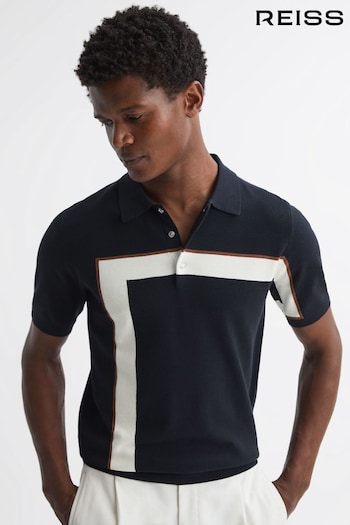 Reiss Navy Bello Striped Hoodies Polo T-Shirt (419411) | £98