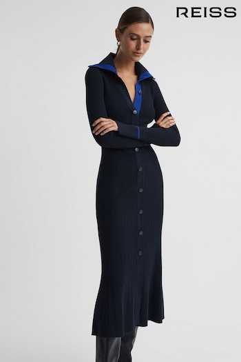 Reiss Navy/Blue Millie Petite Knitted Ribbed Midi Dress (420358) | £198