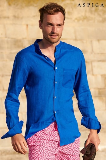Aspiga Mens Blue Nehru Collar Premium Linen Shirt (420481) | £75