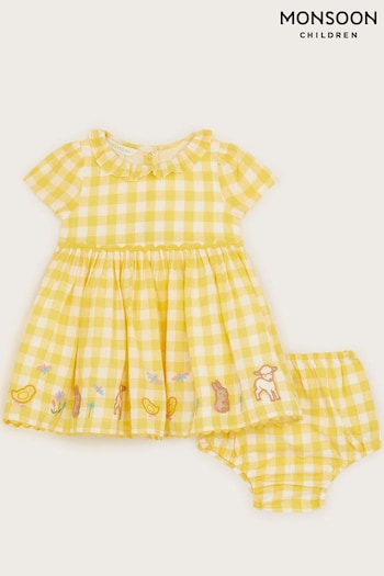 Monsoon Yellow Newborn Gingham Farm Dress and Briefs Set (420666) | £30