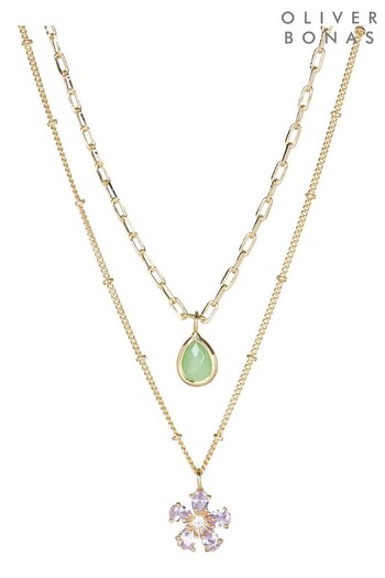 Oliver Bonas Gold Tone Robin Stone & Flower Drop Double Row Layered Pendant Necklace (421964) | £26
