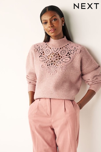Blush Pink Embellished Crochet High Neck Jumper (422934) | £50