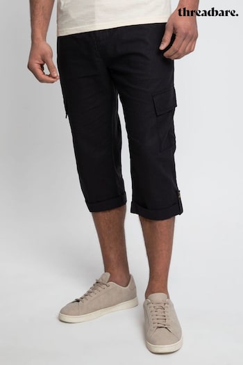 Threadbare Black 3/4 Length Linen Blend Pull On Cargo Trousers (422964) | £28