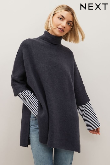 Navy Knitted Poncho with Stripe Sleeve (423435) | £45