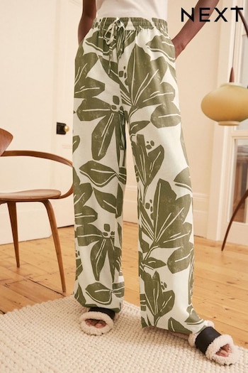 Green/Ecru Leaf Linen Blend Pyjama Bottoms (423655) | £22