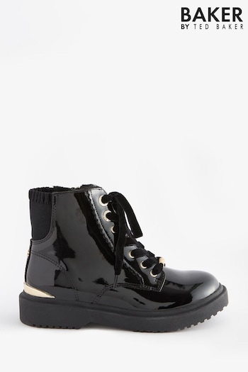 Baker by Ted Baker Girls Black Patent Lace Up CAMPER Boots (424663) | £54 - £56