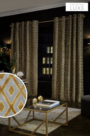 Gold Next Collection Luxe Heavyweight Diamond Geometric Eyelet Lined Curtains (425602) | £175 - £350
