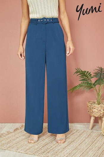 Yumi Blue Straight Leg Crepe Trousers With Belt (425676) | £45