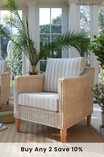 Laura Ashley Natural Garden Bamburgh Indoor Rattan Lounging Set with Luxford Stripe Off-White Cushions (425957) | £1,950
