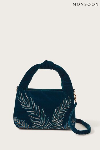 Monsoon Blue Feather Embellished Velvet Bag (426438) | £45