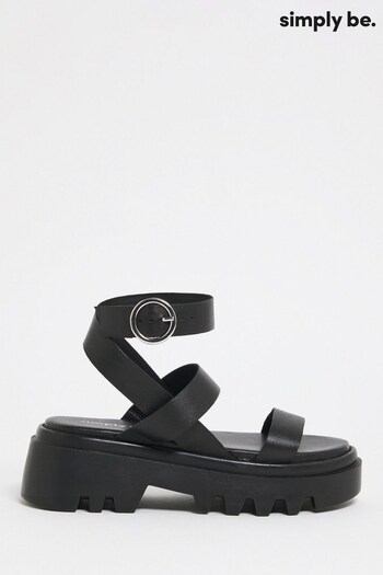 Simply Be Sundae Leather Chunky Cleated Wide Fit Black Sandals (426874) | £40