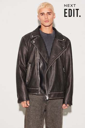 Black PU EDIT Leather Washed Biker Jacket (426878) | £70