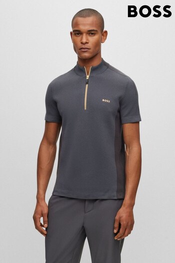 BOSS Charcoal Grey Logo Detail Zip Neck Sweater in a Cotton Blend (426938) | £129