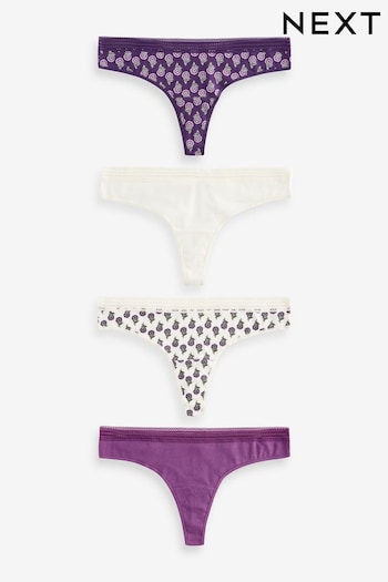 Berry Print/Cream Thong Geo Lace Trim Knickers 4 Pack (427946) | £14