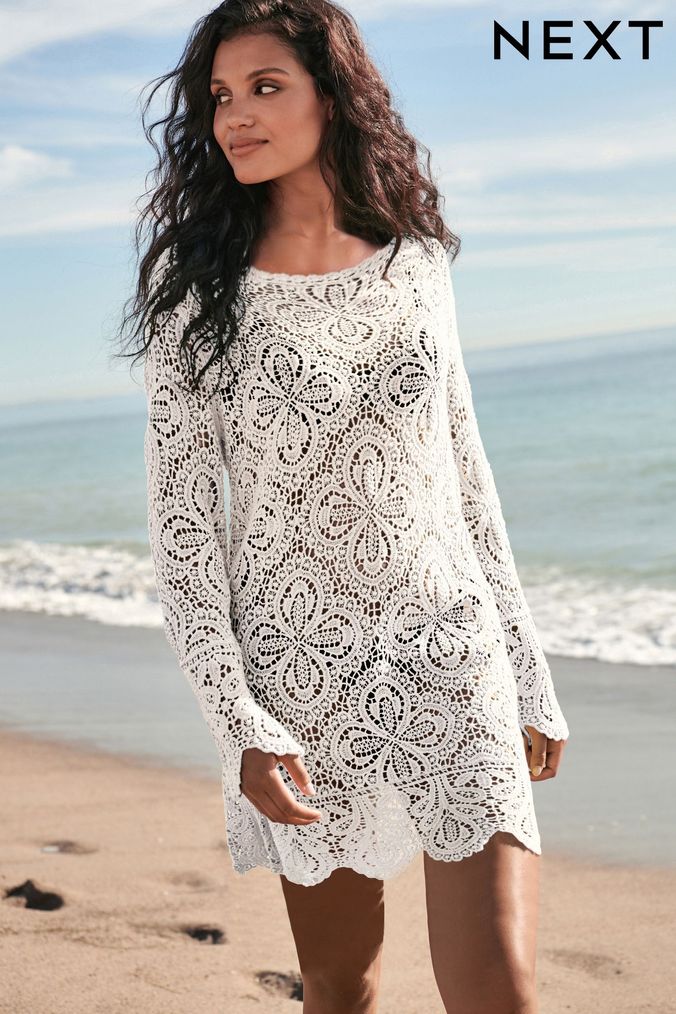 White Slash Neck Crochet Beach Cover-Up (428095) | £39