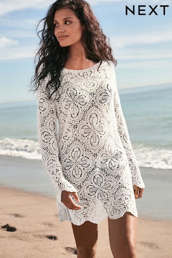 White Slash Neck Crochet Beach Cover-Up (428095) | £39