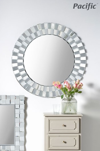 Pacific Silver Mirrored Glass Tile Round Wall Mirror (428447) | £300