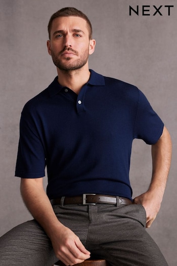 Navy Blue Knitted Premium Merino Wool Regular Fit Polo Shirt (428601) | £40