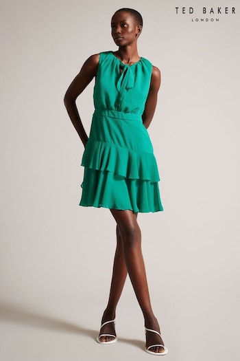 Ted Baker Green Zandaa Asymmetric Tiered Mini Dress (428867) | £150