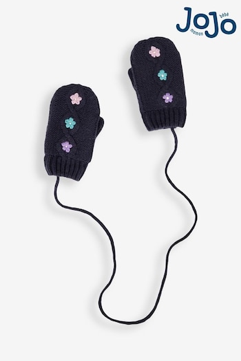 JoJo Maman Bébé Navy Floral Embroidered Cable Mittens (429256) | £12.50