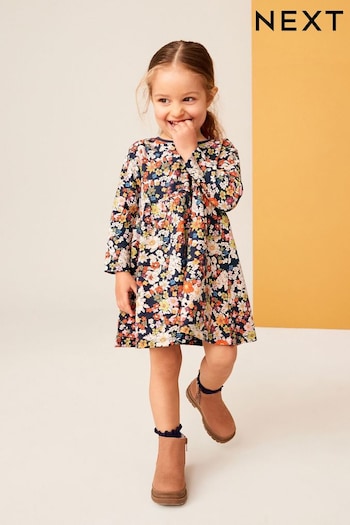 Navy Floral 100% Cotton Long Sleeve Jersey Dress (3mths-7yrs) (429410) | £7 - £9