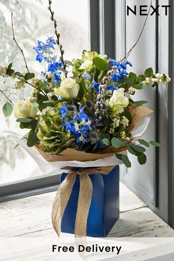 Blue and White Autumn Fresh Flower Bouquet in Gift Bag (429889) | £35