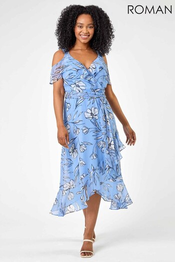 Roman Blue Petite Floral Print Cold Shoulder Midi Dress (430201) | £55