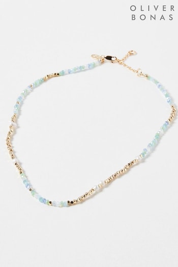 Oliver Bonas Blue Giselle Bead Gold Nugget & Pearl Chain Necklace (430408) | £24