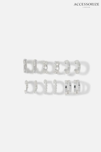 Accessorize Silver Tone Textured Hoop Earrings 6 Pack (431086) | £14