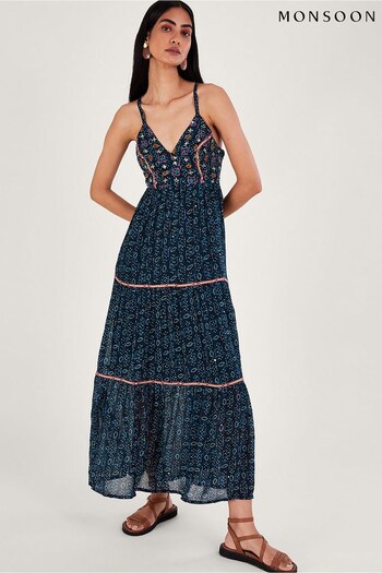 Monsoon Blue Embellished Print Maxi Cami Dress Sweater in Sustainable Viscose (431285) | £90