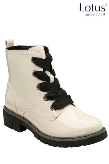 Lotus White Patent Lace-Up Ankle Boots (431622) | £65