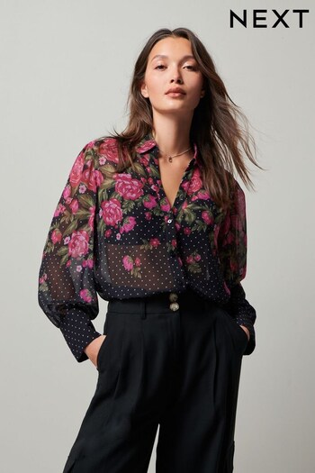 Black Ground Floral And Polka Dot Long Sleeve Blouse (431936) | £41