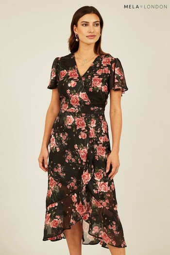 Mela Black Rose Print Midi Wrap Dress (433512) | £45