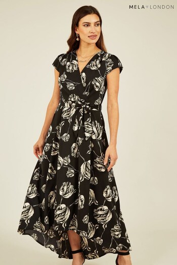 Mela Black Rose Print Dipped Hem Wrap Dress (433847) | £45