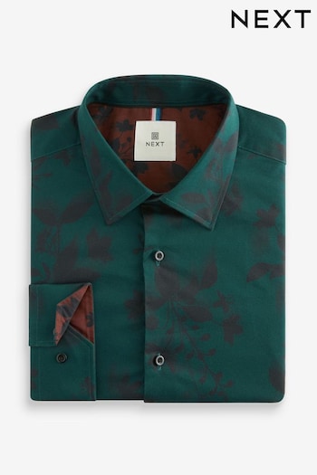 Forest Green/Black Floral Regular Fit Printed Long Sleeves Single Cuff Formal Shirt (435809) | £38