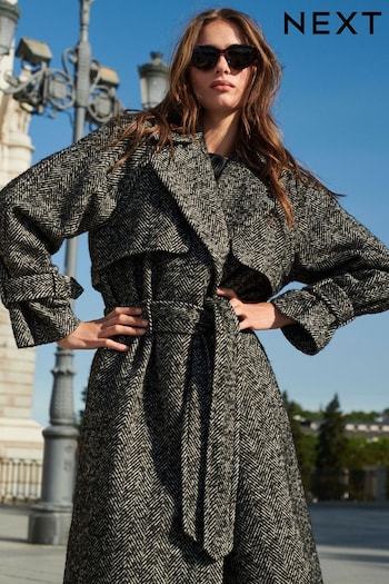 Textured Monochrome Herringbone Belted Quilt Lined Trench Style Coat (436350) | £98