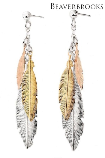 Beaverbrooks Three Colour Feather Drop Earrings (437108) | £75
