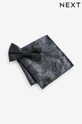 Black/Silver Paisley Bow Tie And Pocket Square Set (437809) | £16
