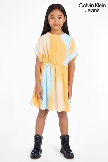Calvin Klein Jeans Girls Orange Woven Print Dress (438561) | £90