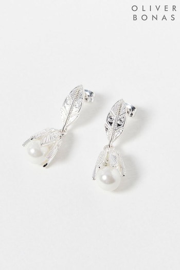 Oliver Bonas Silver Plated Laurel Freshwater Pearl Drop Earrings (439072) | £65