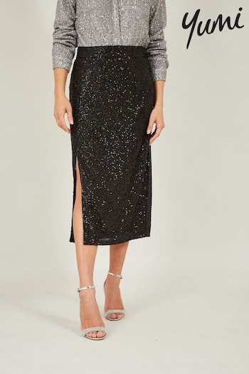 Yumi Black Sequin Fitted Skirt With Front Slit (439557) | £45
